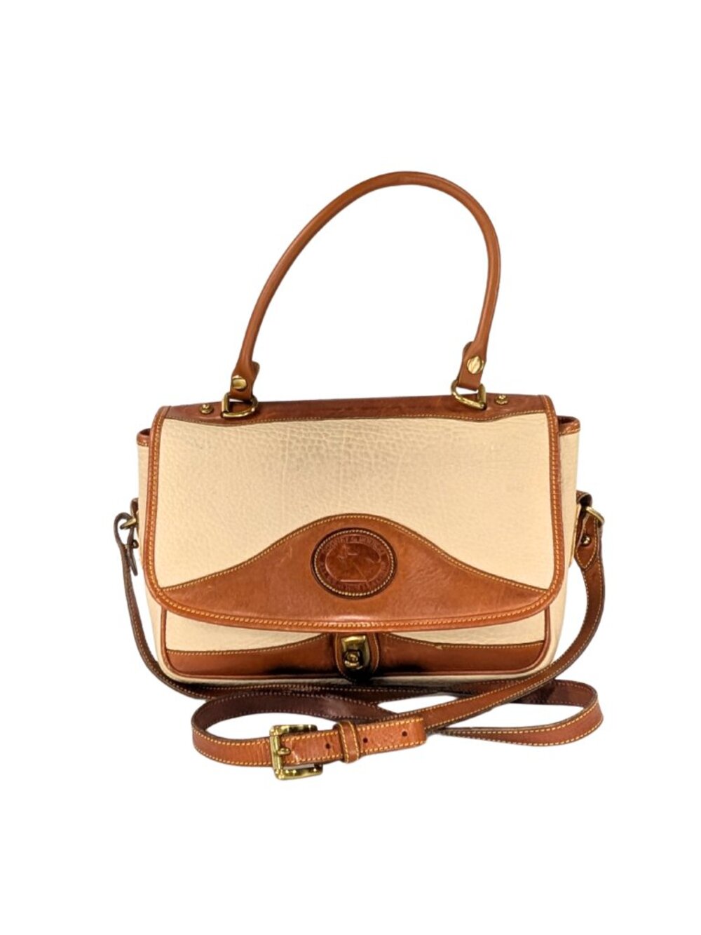 Dooney & Bourke Vintage Ivory Tan Pebble Grain Leather 2-Way Flap Crossbody Bag